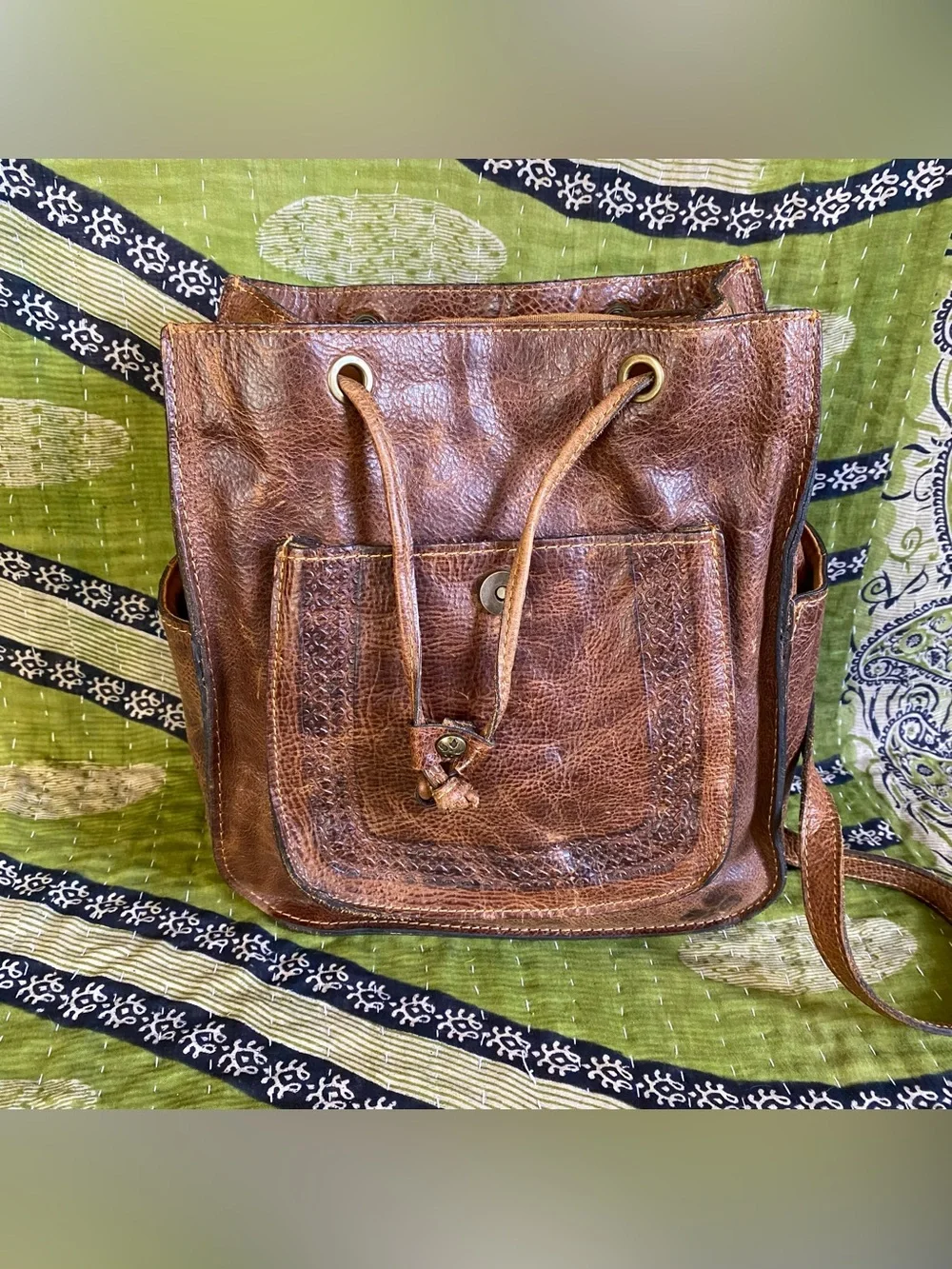 Patricia Nash Distressed Cognac Jovanna Embossed Leather Backpack Western Boho